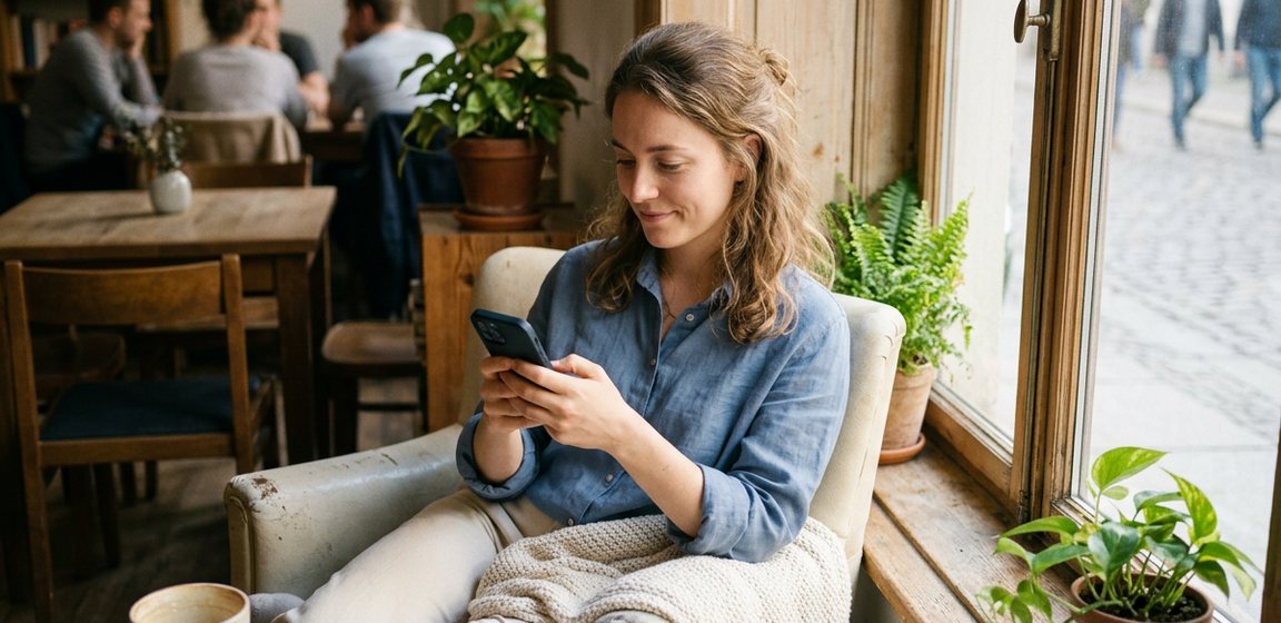 A woman reading on her phone in a sunlit cafe.